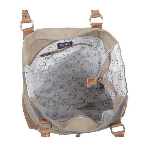 Myra Bag Handmade Quirky Tote Bag Upcycled Canvas & Cowhide Leather - Picture 6 of 7